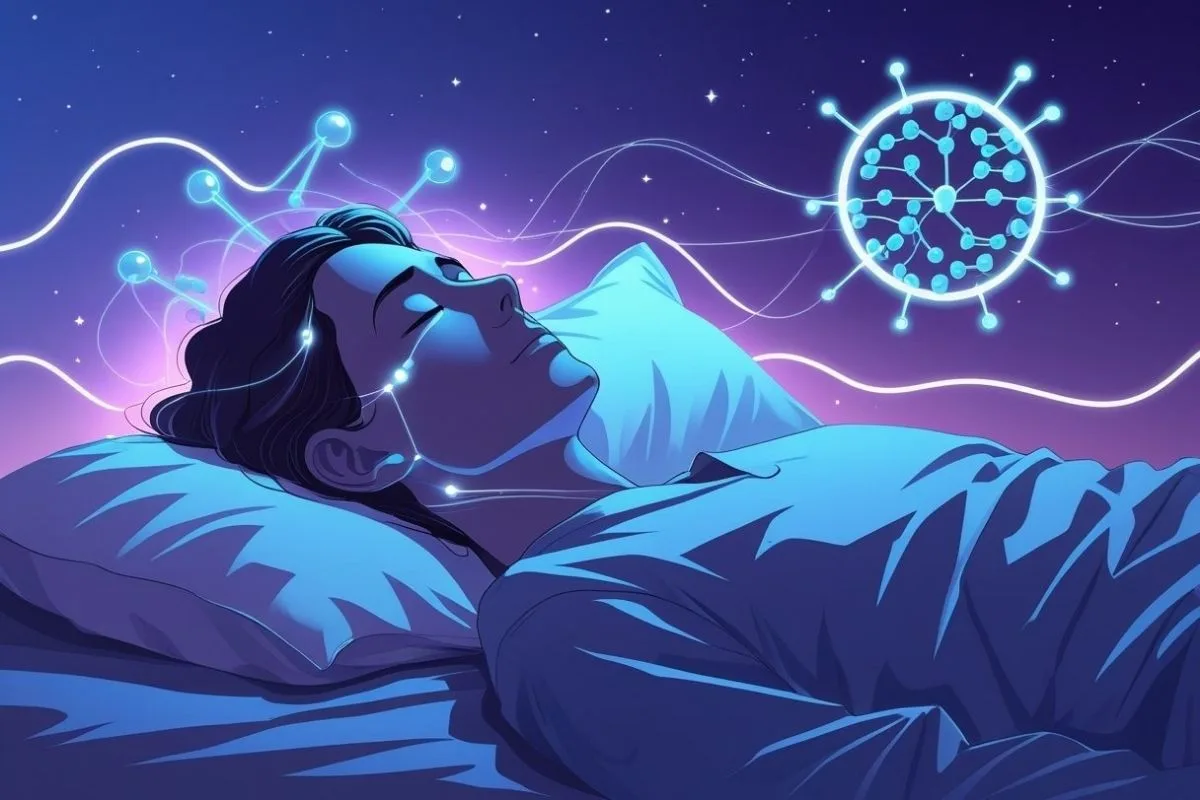 Cortisol and Sleep: Understanding the Stress Hormone’s Impact on Sleep Conceptual image of brain activity during sleep with cortisol-related signals, highlighting how stress hormones affect the body's sleep-wake cycle