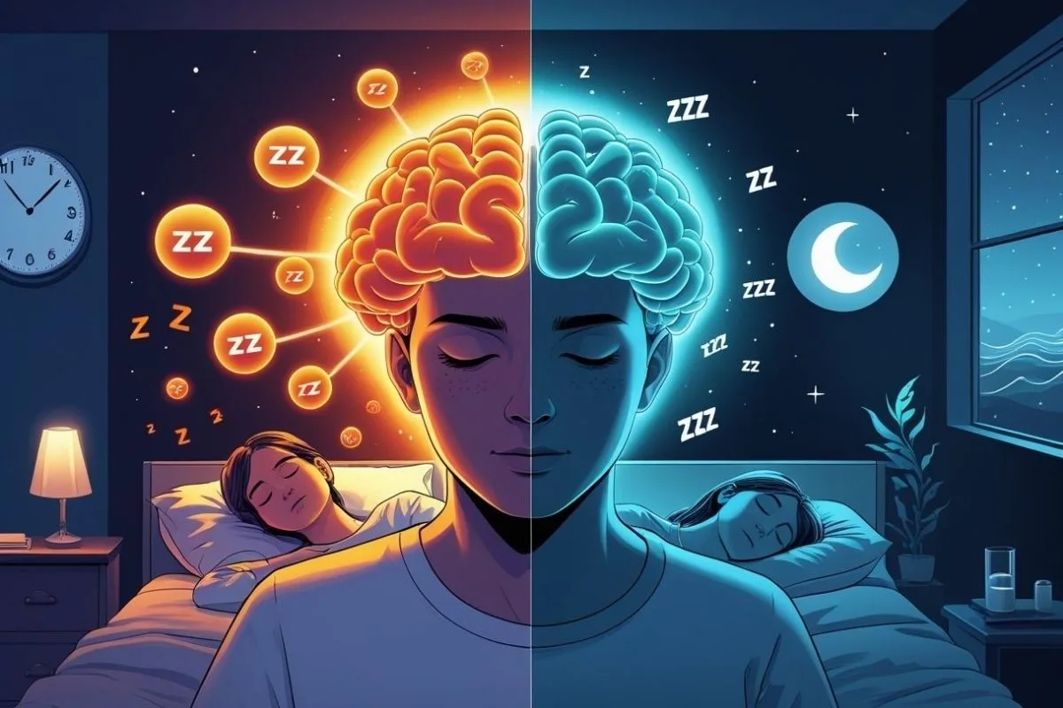 Cortisol and Sleep: Understanding the Stress Hormone’s Impact on Sleep Split-screen comparison of elevated and balanced cortisol levels during sleep, demonstrating the impact of stress hormones on sleep quality and recovery