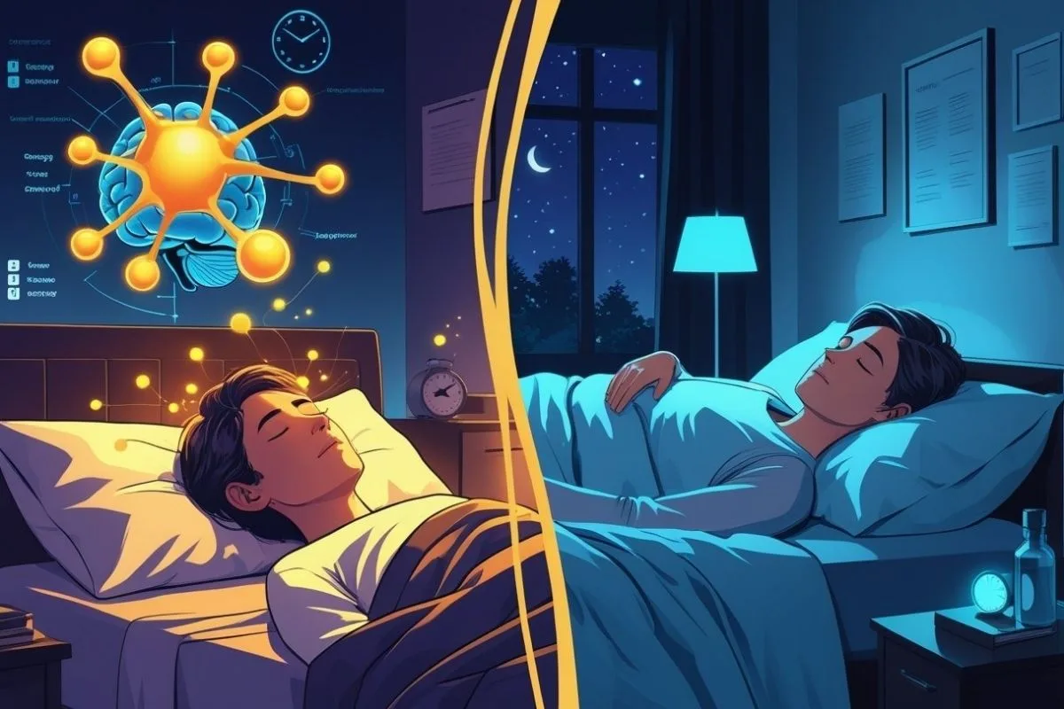 Cortisol and Sleep: Understanding the Stress Hormone’s Impact on Sleep Visual comparison of high cortisol activity versus calm nighttime sleep, explaining how excess stress hormones can interfere with healthy sleep patterns