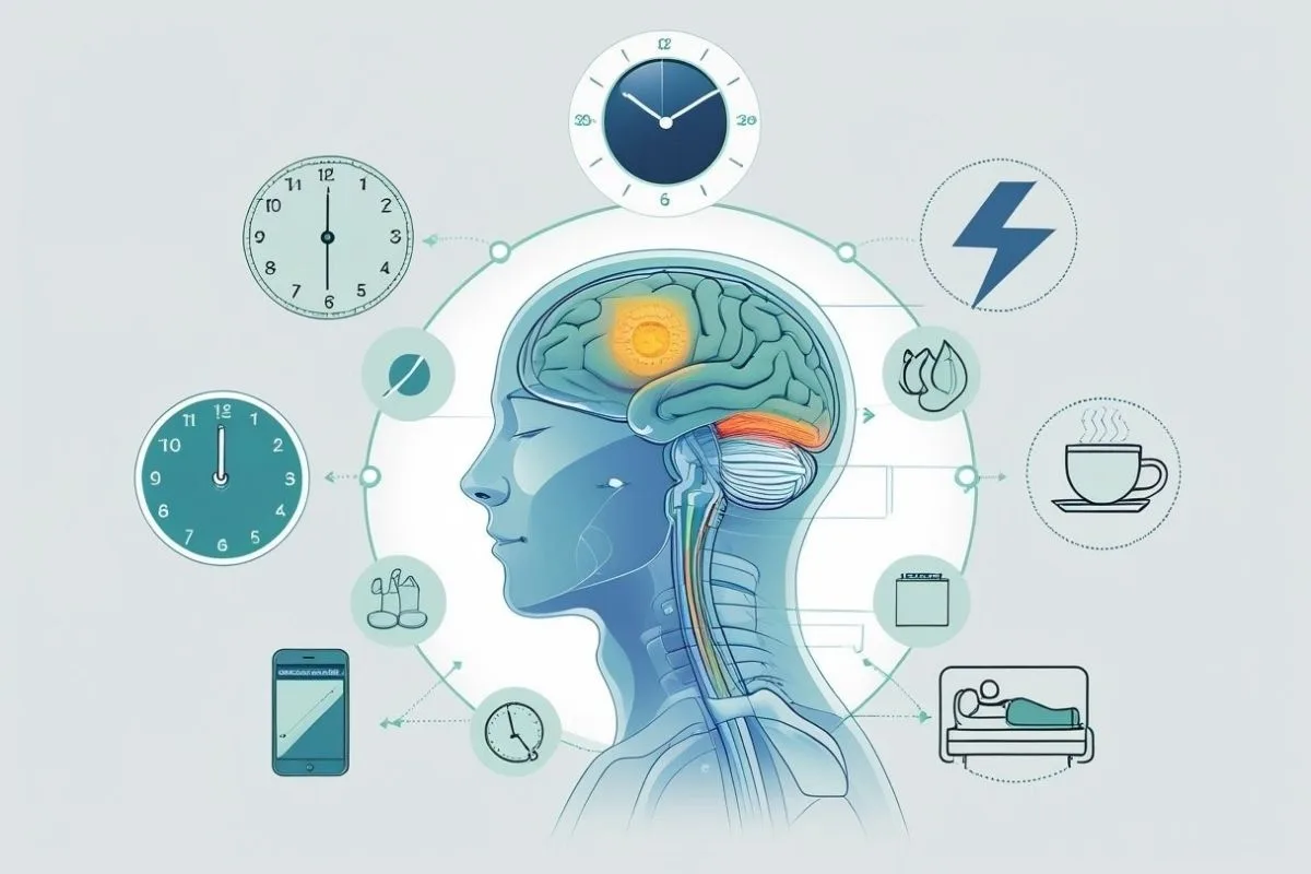 Cortisol and Sleep: Understanding the Stress Hormone’s Impact on Sleep Infographic of the brain, sleep schedule, and lifestyle factors that influence cortisol production and overall sleep health