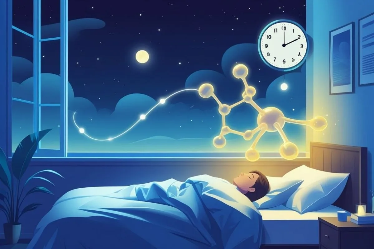 Cortisol and Sleep: Understanding the Stress Hormone’s Impact on Sleep Illustration of a sleeping person with a glowing cortisol molecule and nighttime clock, showing how cortisol levels influence sleep quality and overnight recovery