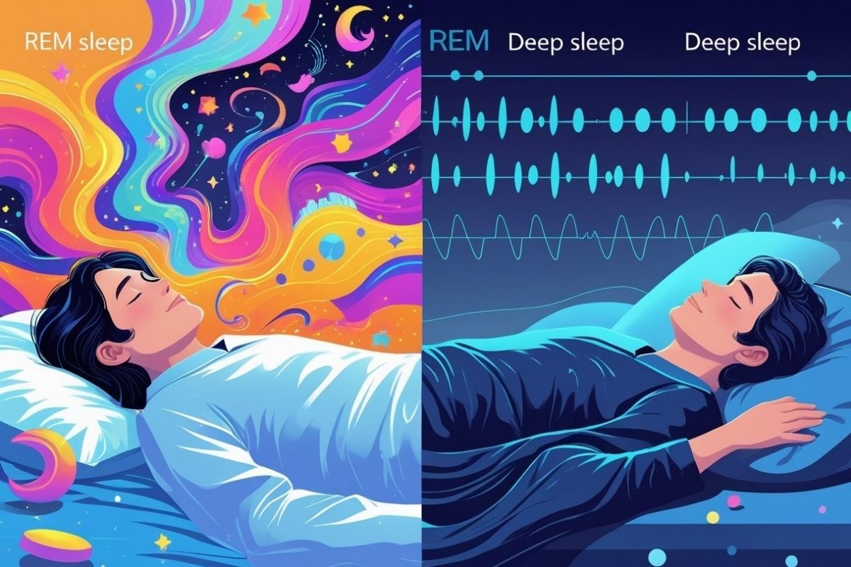Deep Sleep vs REM: Understanding Sleep Stages and Their Benefits Visual comparison of REM sleep and deep sleep stages, highlighting differences in brain activity and sleep patterns
