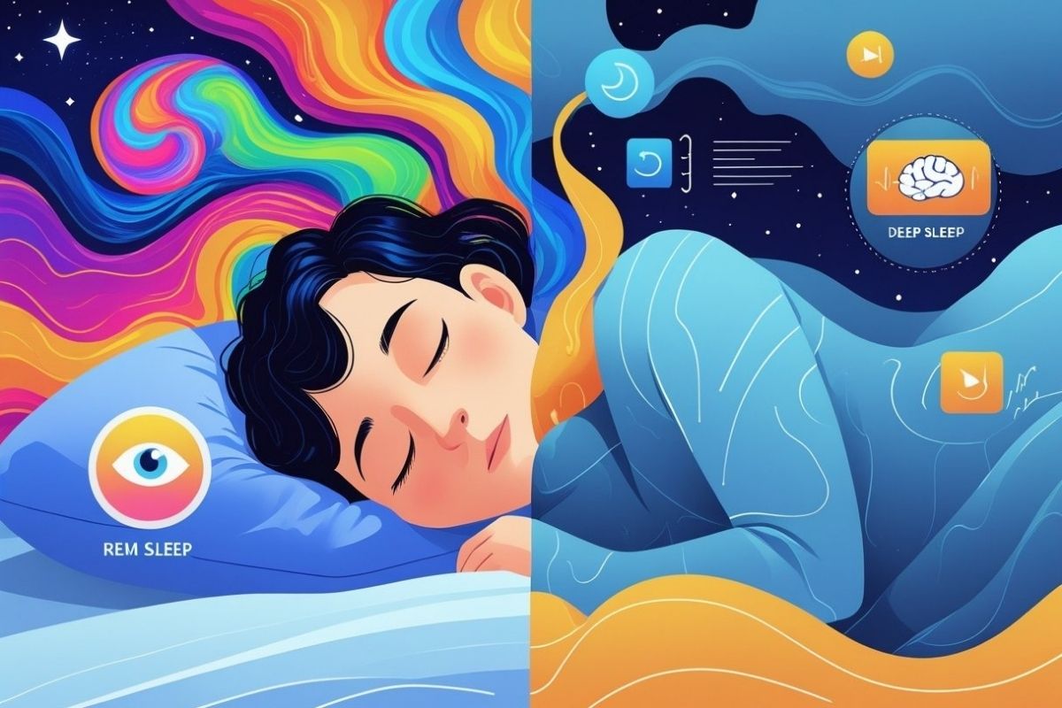Deep Sleep vs REM: Understanding Sleep Stages and Their Benefits Graphic explaining REM sleep versus deep sleep, showing dream-related brain activity and the benefits of restorative sleep