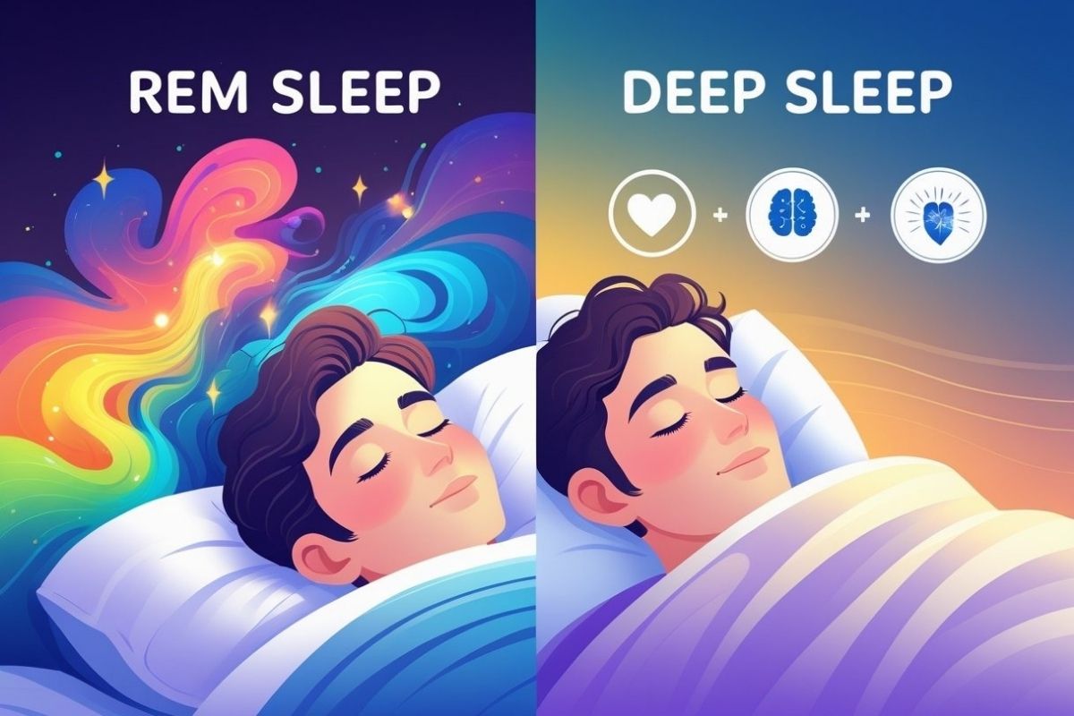 Deep Sleep vs REM: Understanding Sleep Stages and Their Benefits Side-by-side illustration of REM sleep and deep sleep, emphasizing cognitive benefits, recovery, and overall sleep health