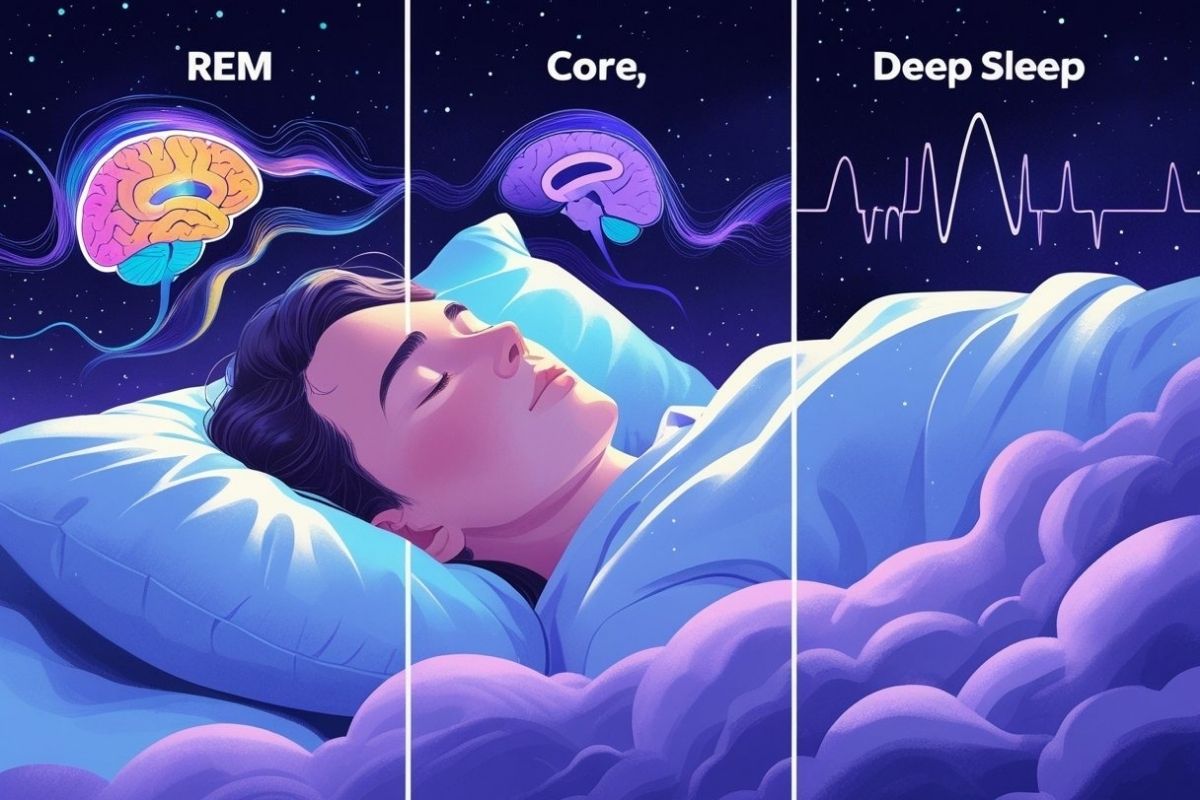 Deep Sleep vs REM: Understanding Sleep Stages and Their Benefits Infographic showing the progression through REM, core sleep, and deep sleep stages during the sleep cycle