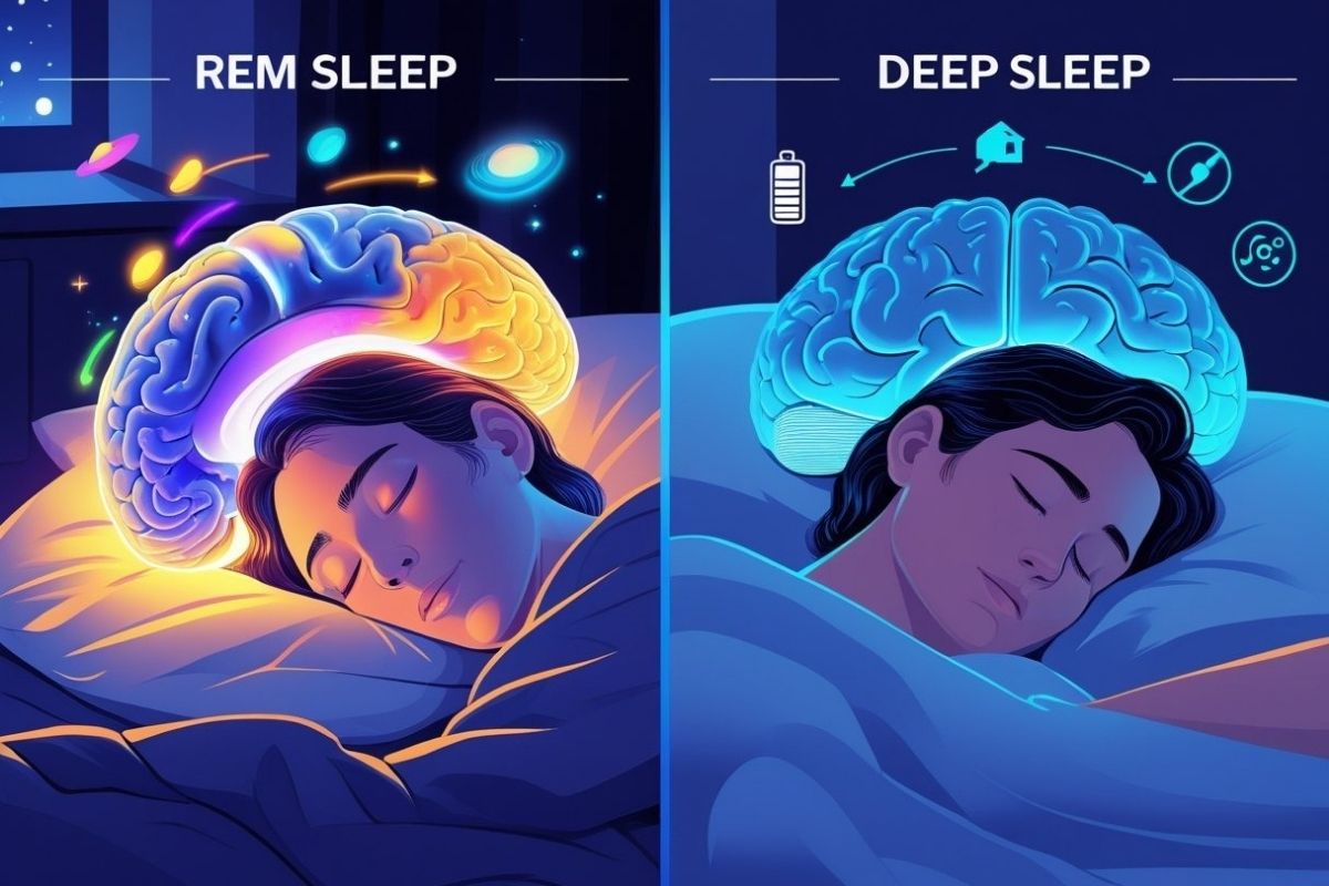 Deep Sleep vs REM: Understanding Sleep Stages and Their Benefits Educational graphic comparing brain function during REM sleep and deep sleep, highlighting mental and physical recovery benefits