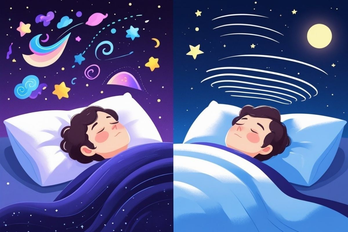 Illustration comparing REM sleep and deep sleep, showing dreaming activity during REM and restorative rest during deep sleep