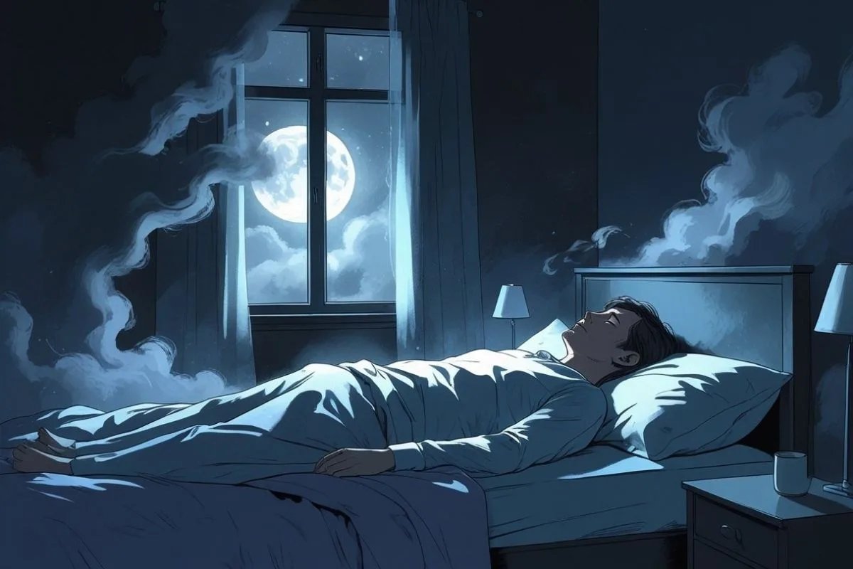 Individual sleeping in a dark bedroom under moonlight, representing the connection between depression and disrupted nighttime sleep