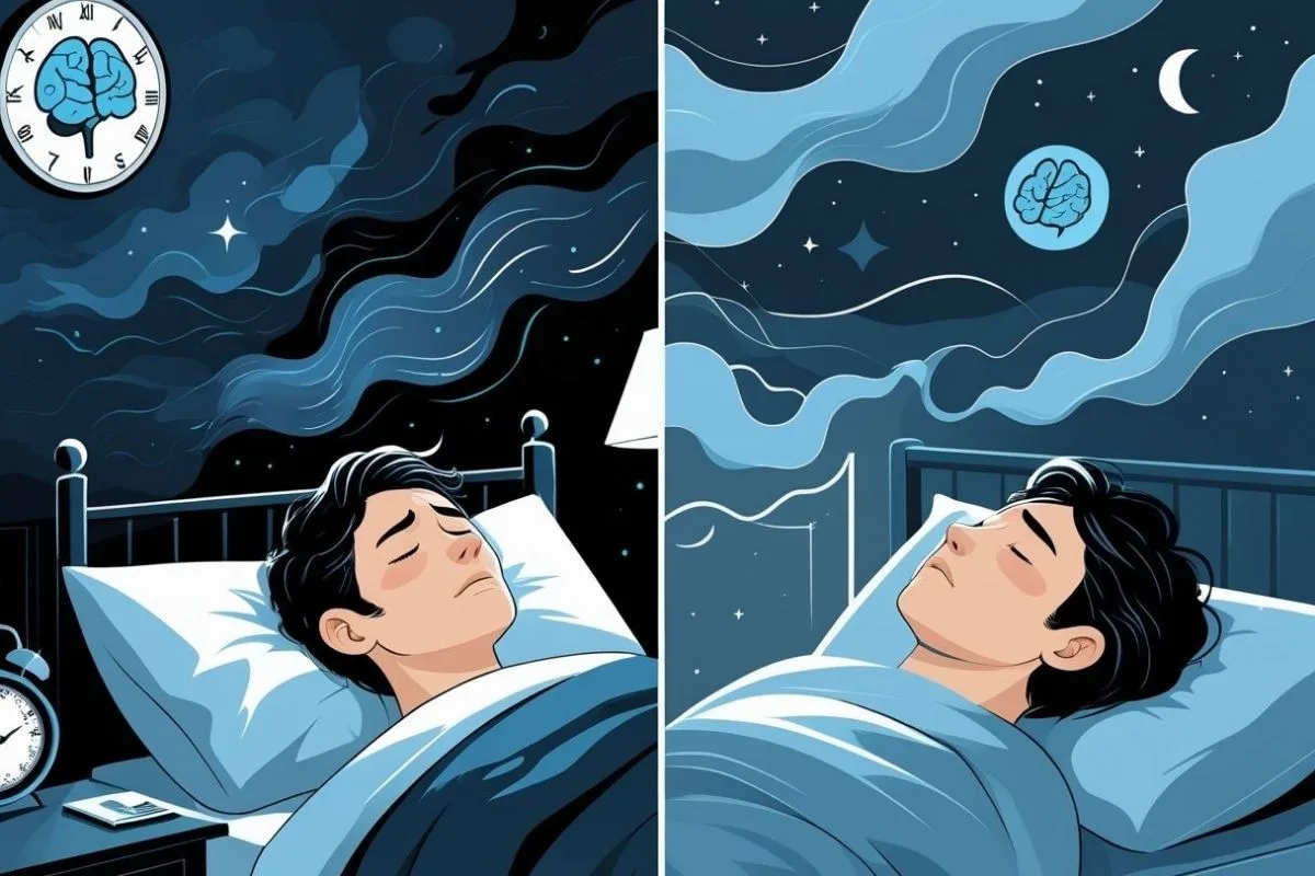 Comparison of restless and restful sleep, showing how depression can affect sleep quality and brain function throughout the night