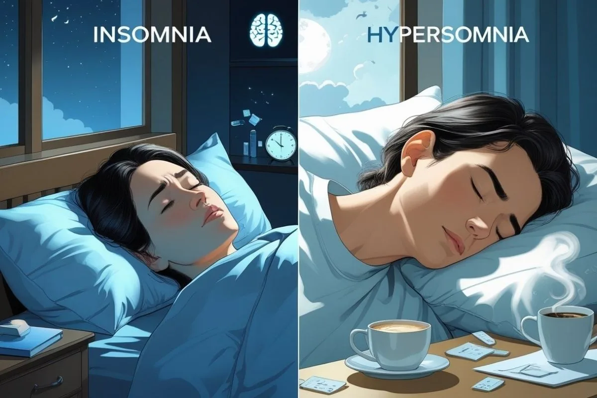 Visual comparison of insomnia and hypersomnia, highlighting two common sleep disorders associated with depression