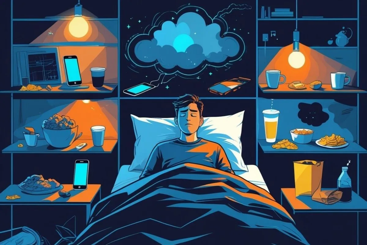 Person surrounded by screens, snacks, and nighttime distractions, showing lifestyle habits that can worsen both depression and sleep quality