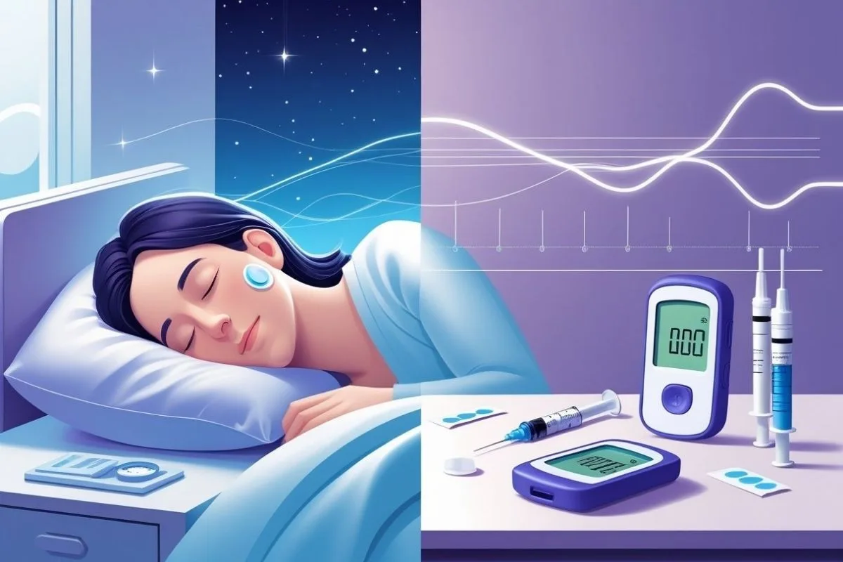 Diabetes and Sleep: Do They Really Affect Each Other? Sleeping woman alongside glucose monitoring devices, representing the relationship between diabetes, overnight blood sugar levels, and sleep patterns
