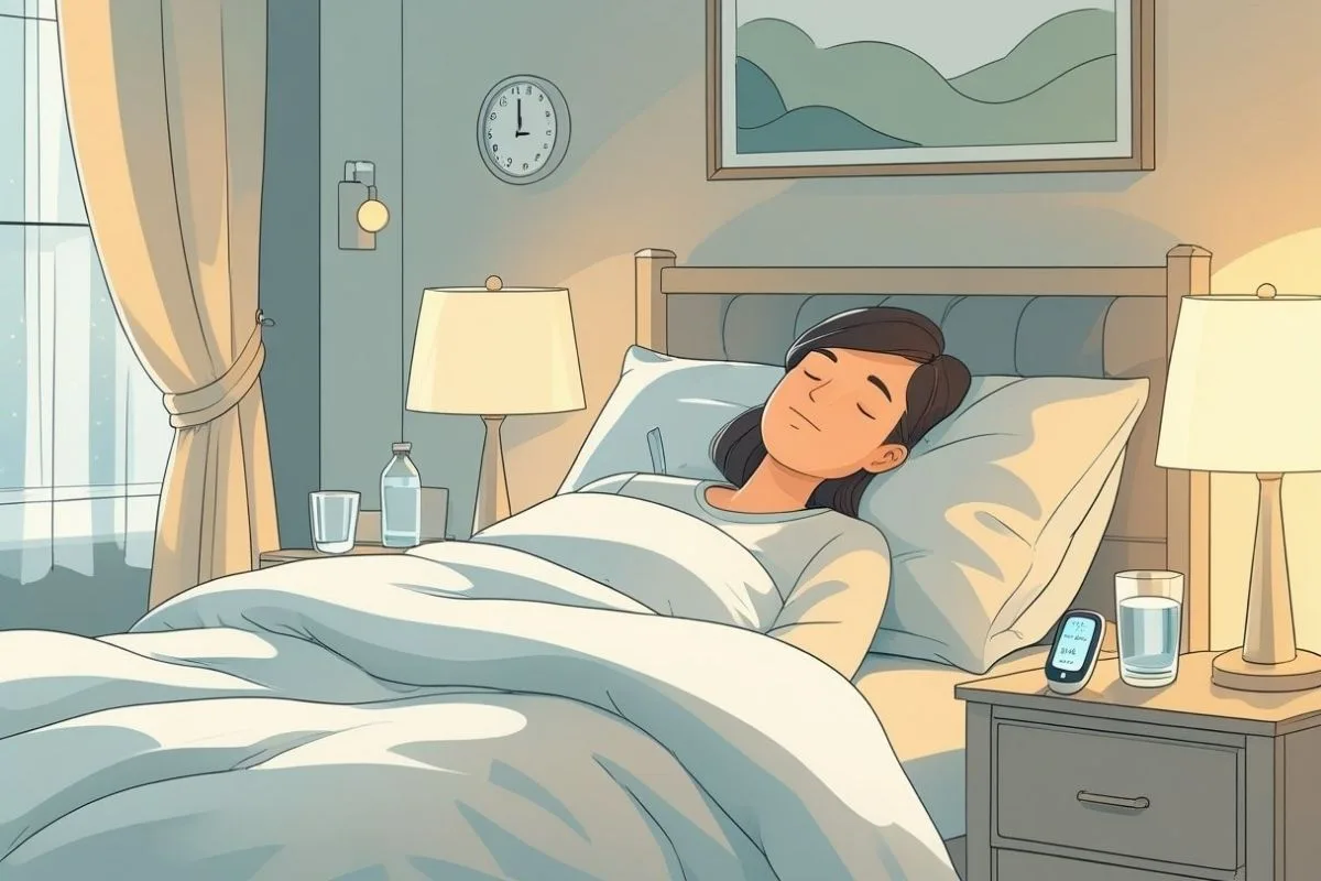 Diabetes and Sleep: Do They Really Affect Each Other? Person resting comfortably in bed with diabetes monitoring supplies nearby, demonstrating healthy sleep habits for people managing diabetes