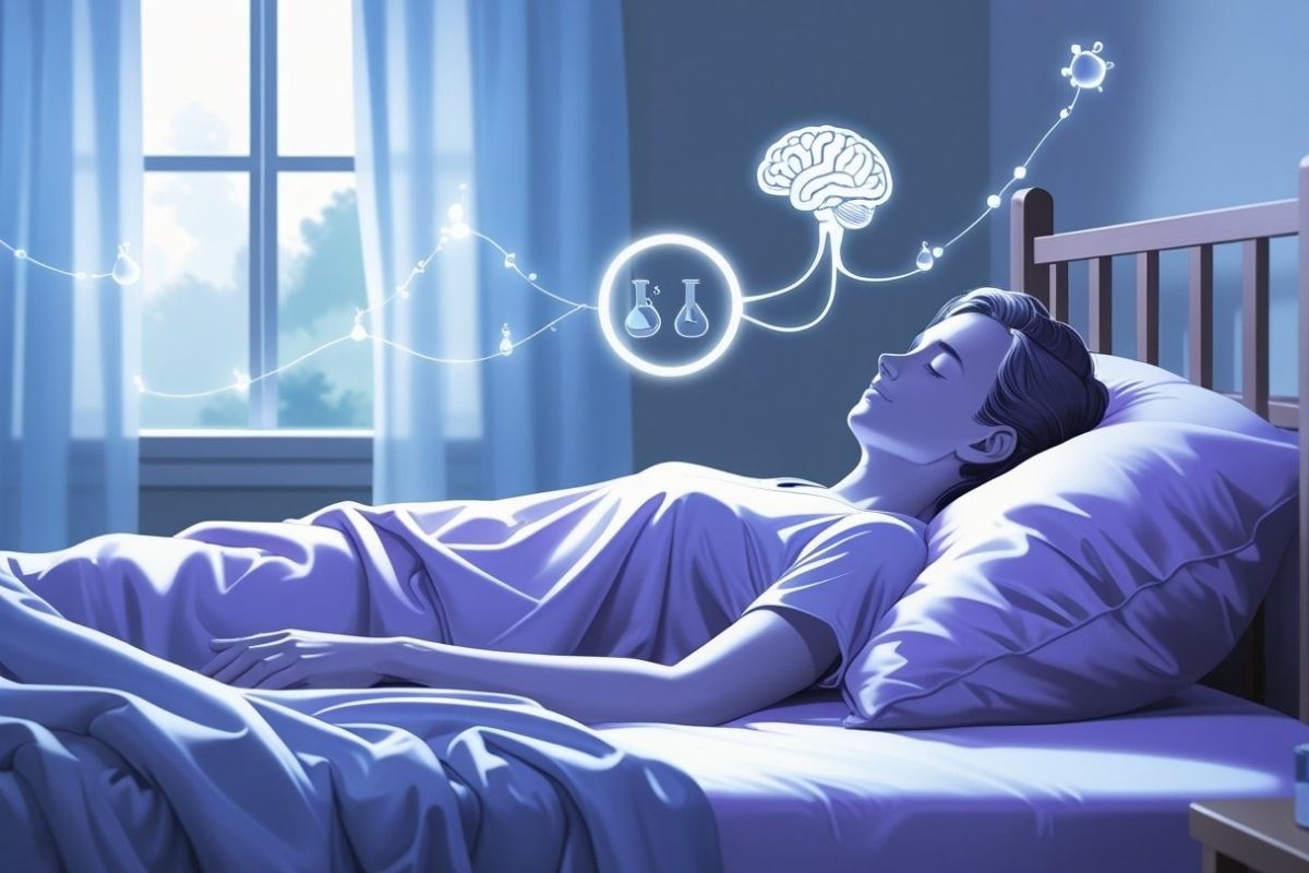 Illustration showing the connection between sleep and brain function, highlighting how sleep quality can influence blood sugar regulation and diabetes management
