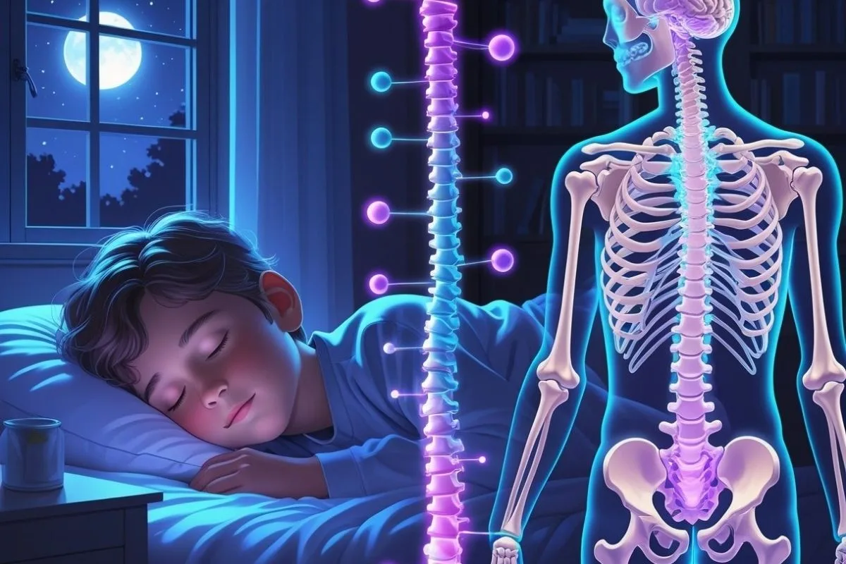Sleeping child beside a spine illustration, showing the connection between sleep, spinal health, and physical growth