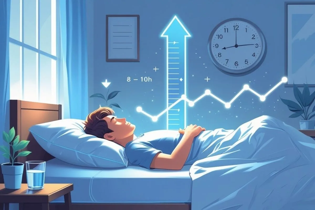 Sleeping individual with growth chart graphics, representing the role of sleep duration and growth hormone production in development