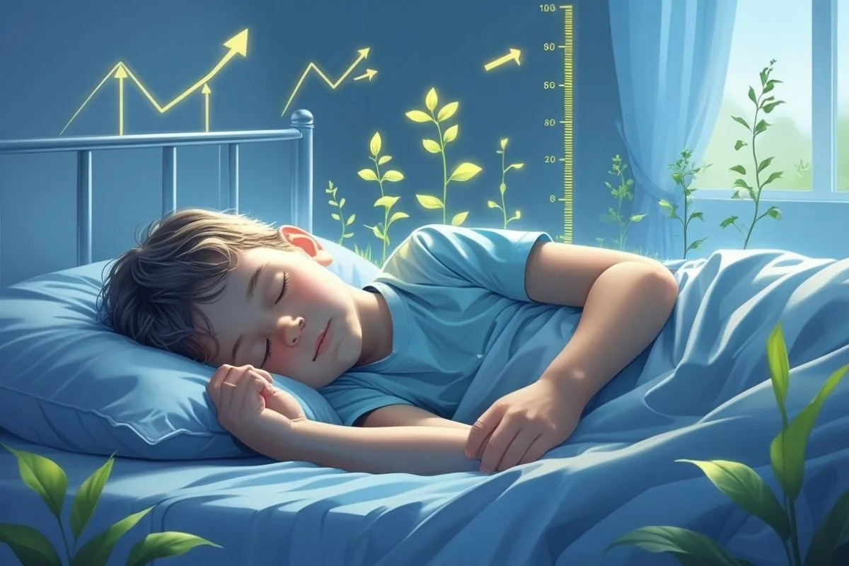 Child sleeping soundly with upward growth indicators, illustrating how consistent sleep supports normal growth and body development