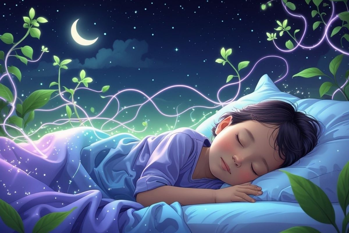 Child sleeping peacefully at night, illustrating how quality sleep supports healthy growth and development during childhood