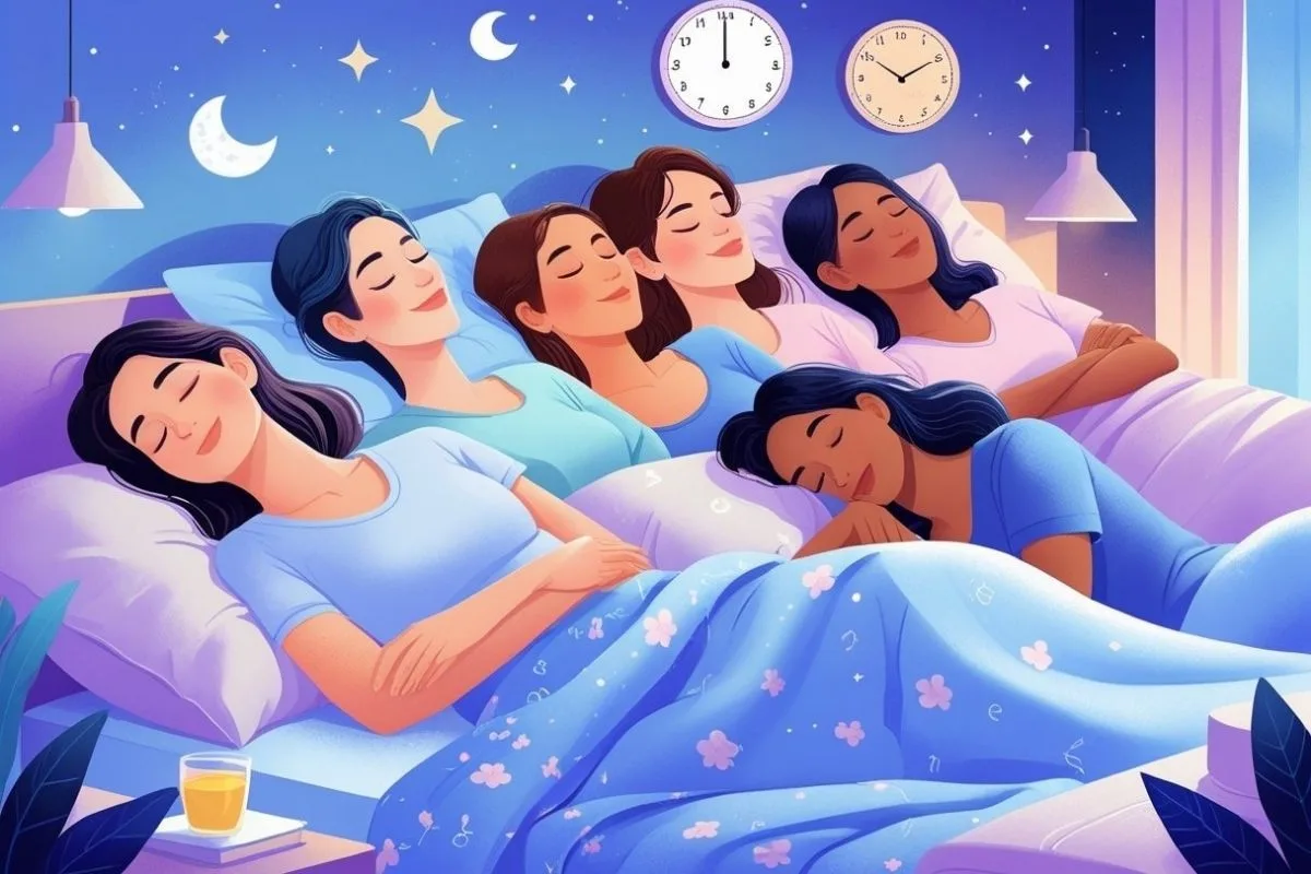 Group of women sleeping comfortably at night, representing healthy sleep habits and recommended sleep duration across different stages of adulthood