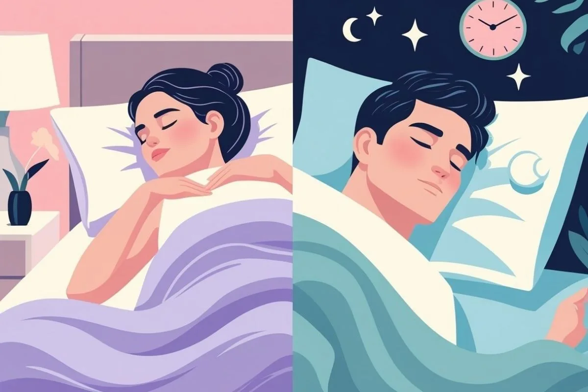 Woman and man sleeping peacefully in separate scenes, highlighting sleep needs and patterns that can vary between individuals and genders