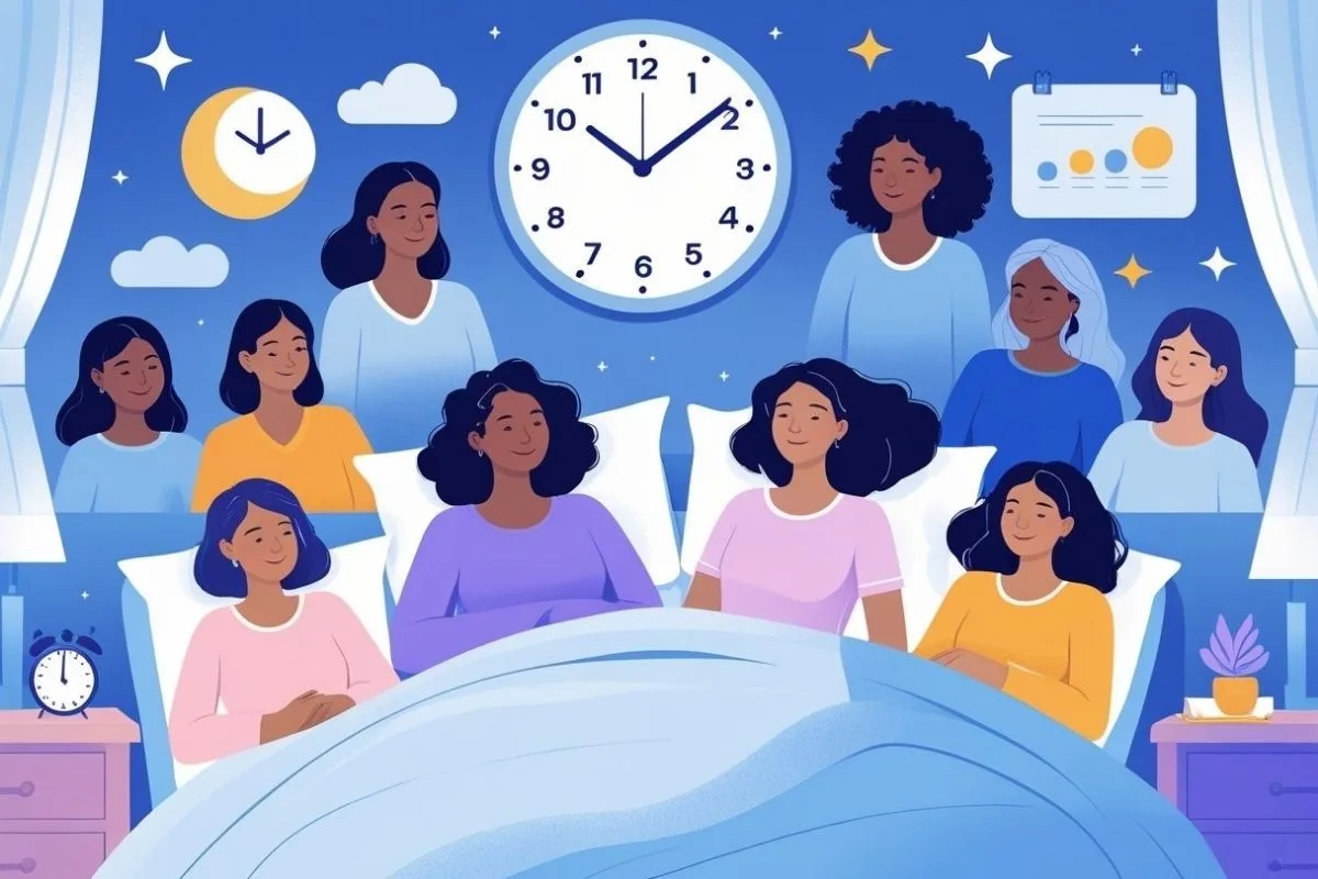 Women of different ages gathered around a clock, illustrating how sleep requirements and sleep patterns can change throughout a woman's life