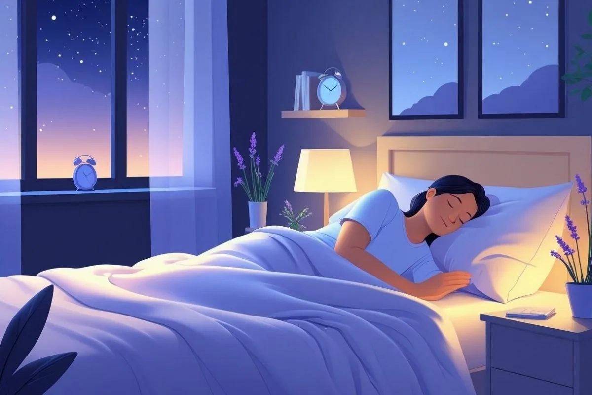 Woman sleeping soundly in a relaxing bedroom environment, showing the role of a comfortable sleep setting in achieving recommended sleep hours