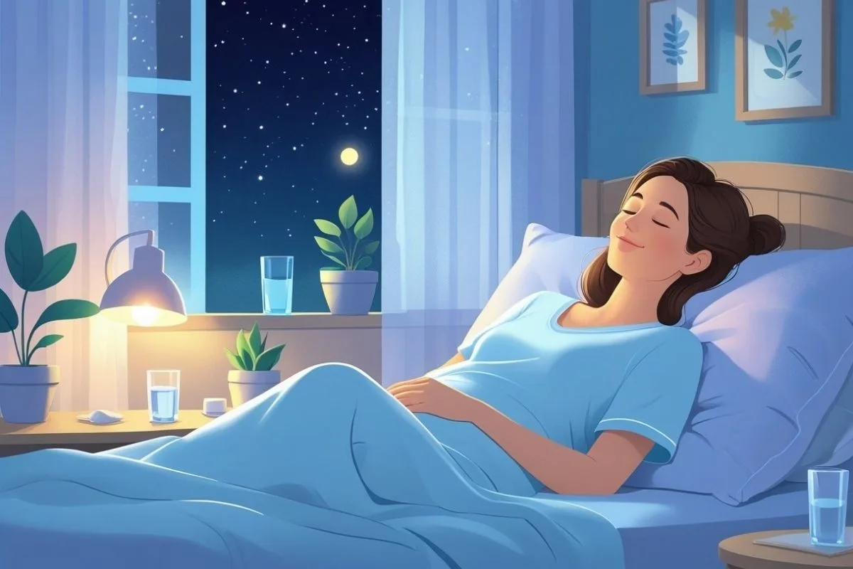 Woman relaxing in bed before sleep, representing healthy bedtime habits that support restorative sleep and nighttime recovery
