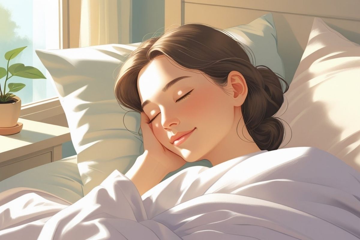 Woman sleeping peacefully in a sunlit bedroom, illustrating the benefits of getting enough sleep for overall health, energy, and well-being