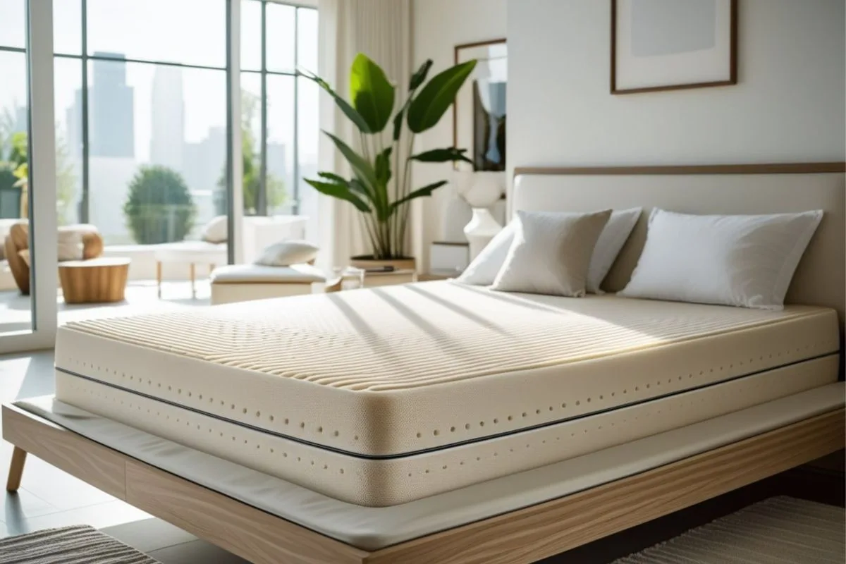 How Much Does a Latex Mattress Weigh? Natural latex mattress in a modern bedroom, highlighting the thick foam layers that make latex mattresses heavier than many other mattress types