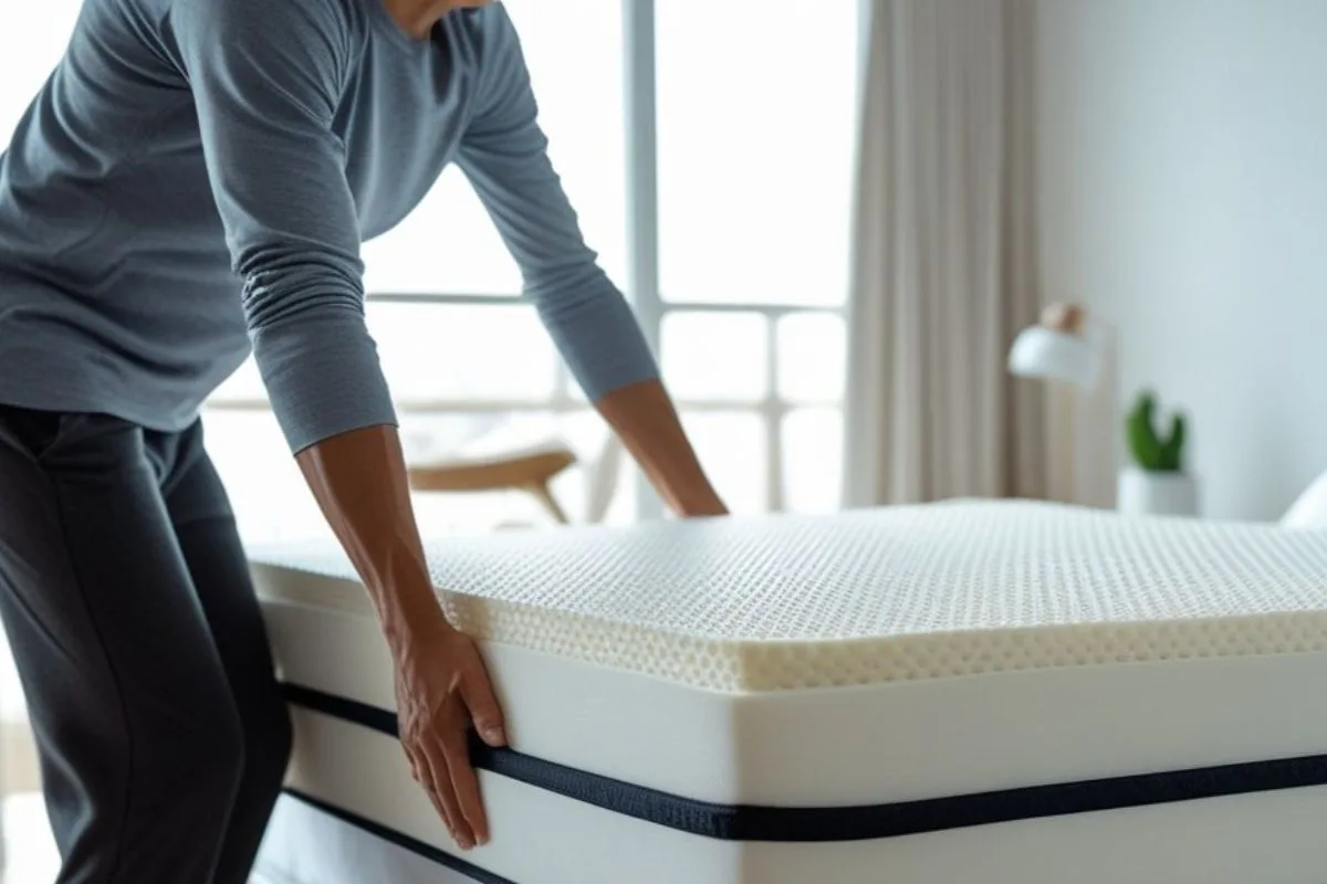 How Much Does a Latex Mattress Weigh? Person lifting the corner of a latex mattress, demonstrating the effort often required to move or rotate a heavy latex mattress