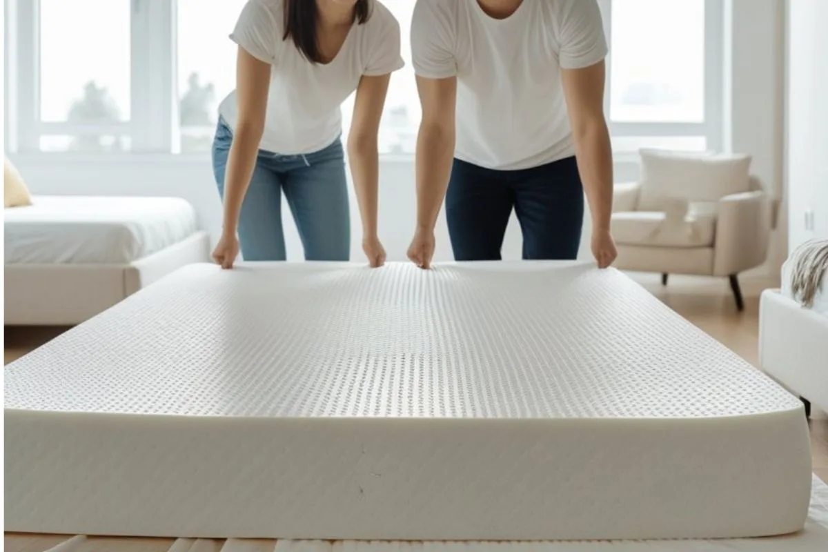How Much Does a Latex Mattress Weigh? Two people carrying a latex mattress together, showing why larger latex mattresses typically require multiple people to lift and transport safely