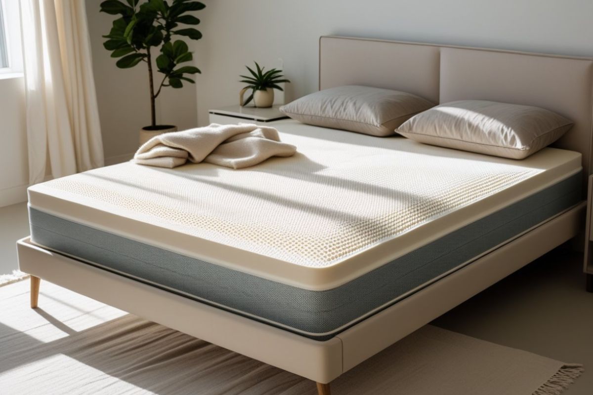 Latex mattress displayed on a bed frame, illustrating the substantial construction and dense materials that contribute to latex mattress weight