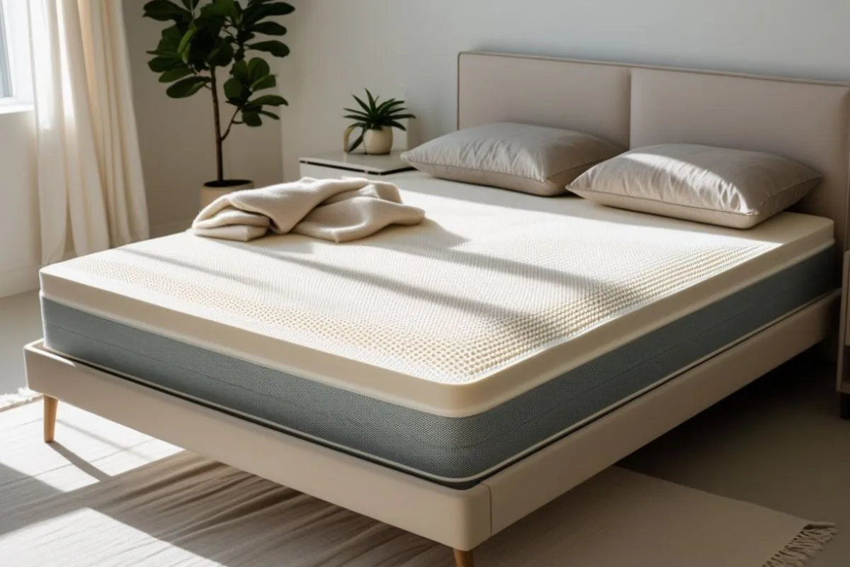 How Much Does a Latex Mattress Weigh? Latex mattress displayed on a bed frame, illustrating the substantial construction and dense materials that contribute to latex mattress weight