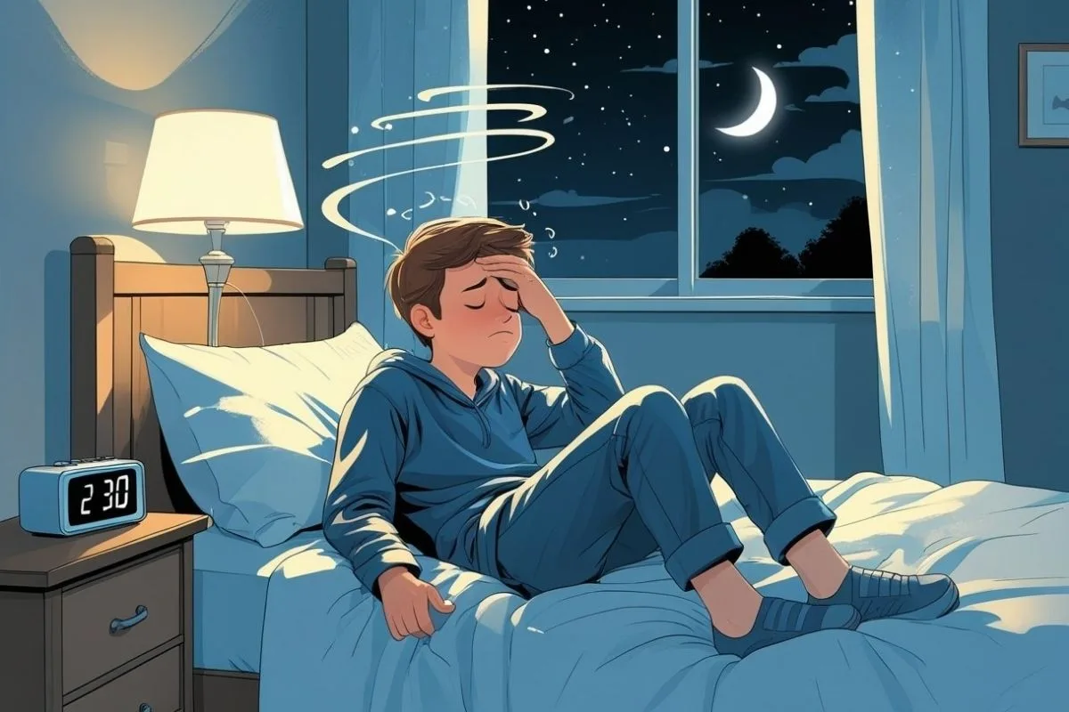 Sleep-deprived teenager sitting awake in bed at night, showing common signs of insufficient sleep and disrupted sleep schedules
