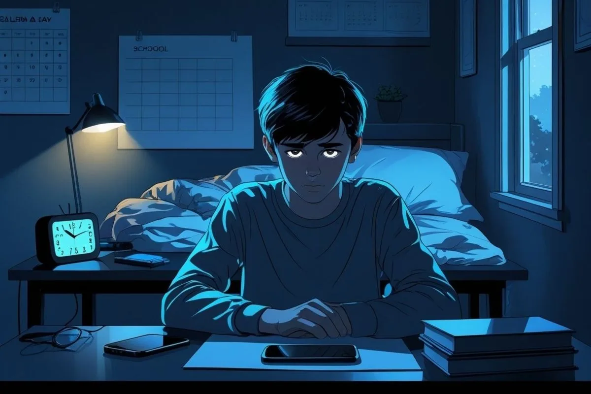 Teen using a smartphone late at night, highlighting how screen time before bed can interfere with healthy sleep patterns and melatonin production