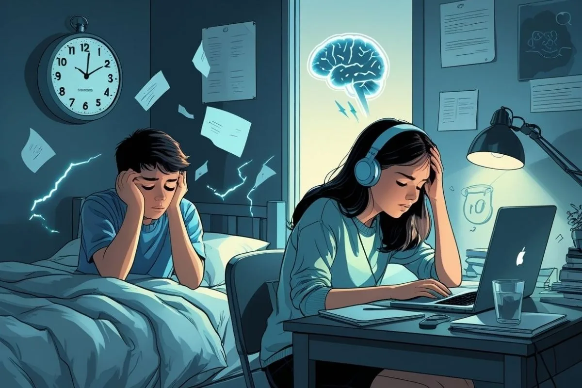 Teenagers struggling with schoolwork and fatigue due to lack of sleep, demonstrating the impact of sleep deprivation on academic performance and concentration