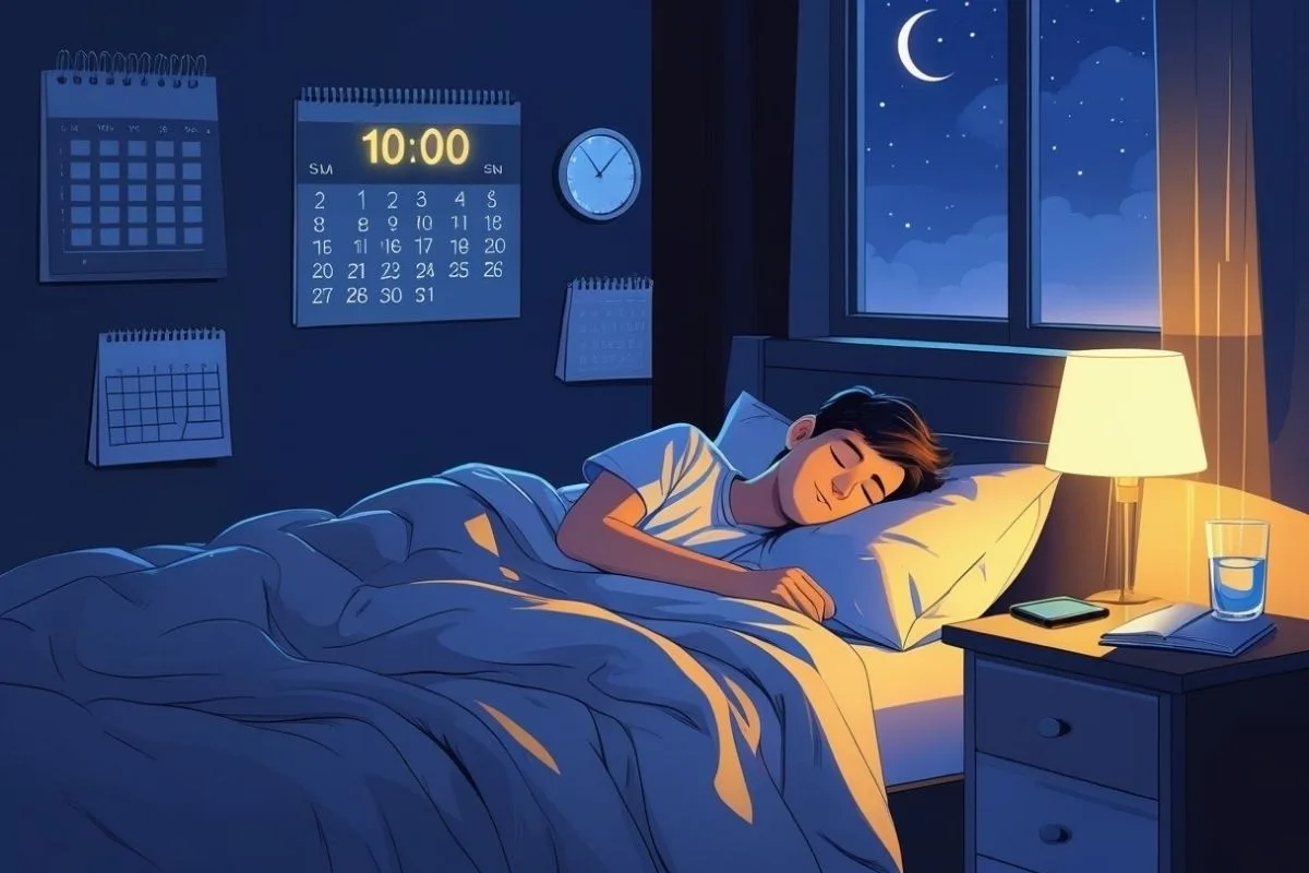 Teenager sleeping in a dark, comfortable bedroom, representing healthy sleep routines that support recommended sleep duration for teens