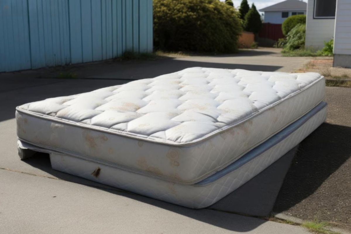 Old and worn mattress placed outdoors, illustrating a clear sign that it may be time to replace a memory foam mattress due to age, sagging, or visible wear