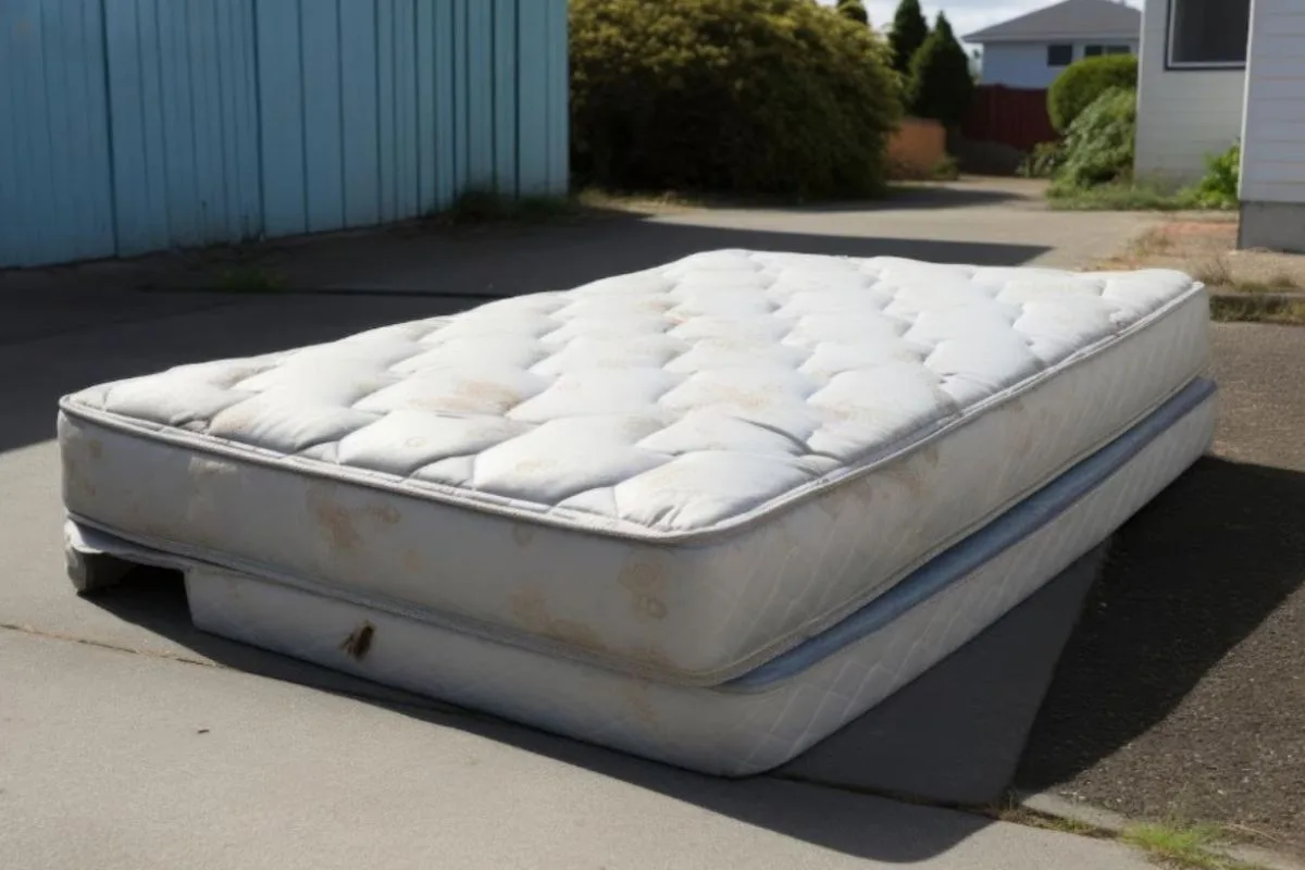 Old and worn mattress placed outdoors, illustrating a clear sign that it may be time to replace a memory foam mattress due to age, sagging, or visible wear