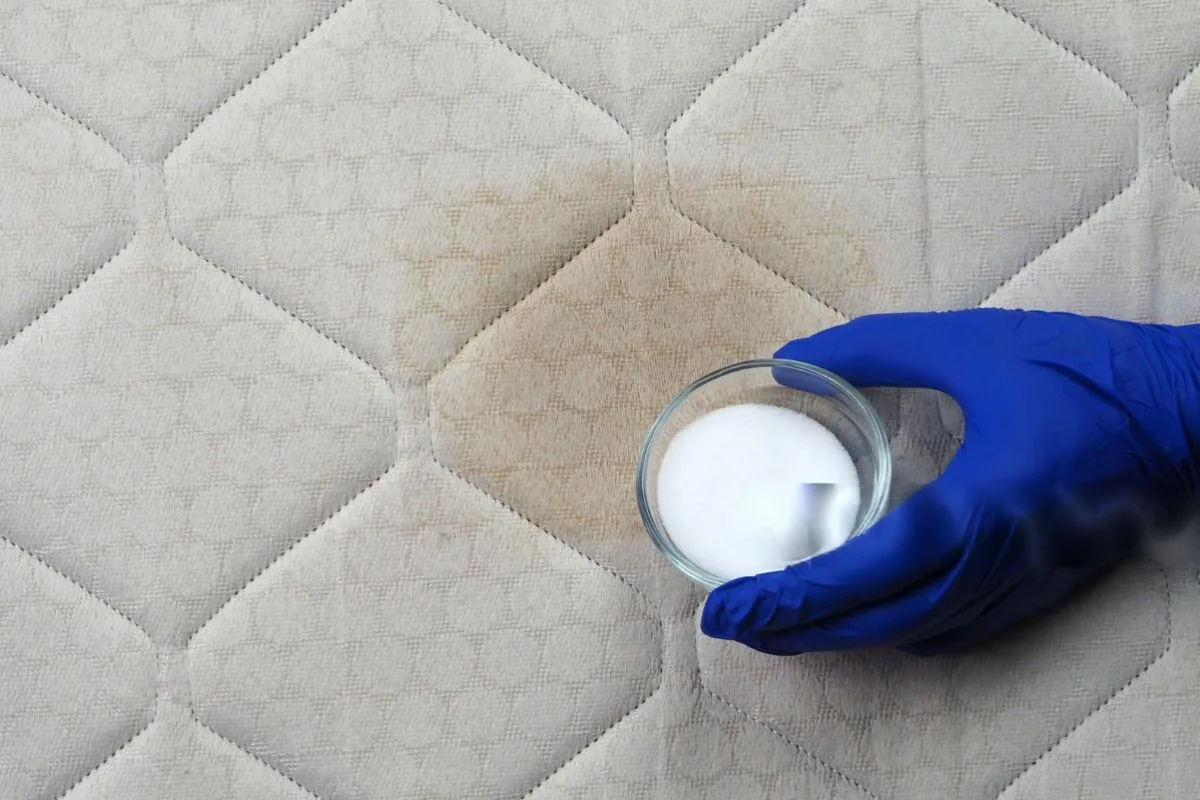 Applying a baking soda-based cleaning treatment to a mattress stain as part of the memory foam mattress cleaning process