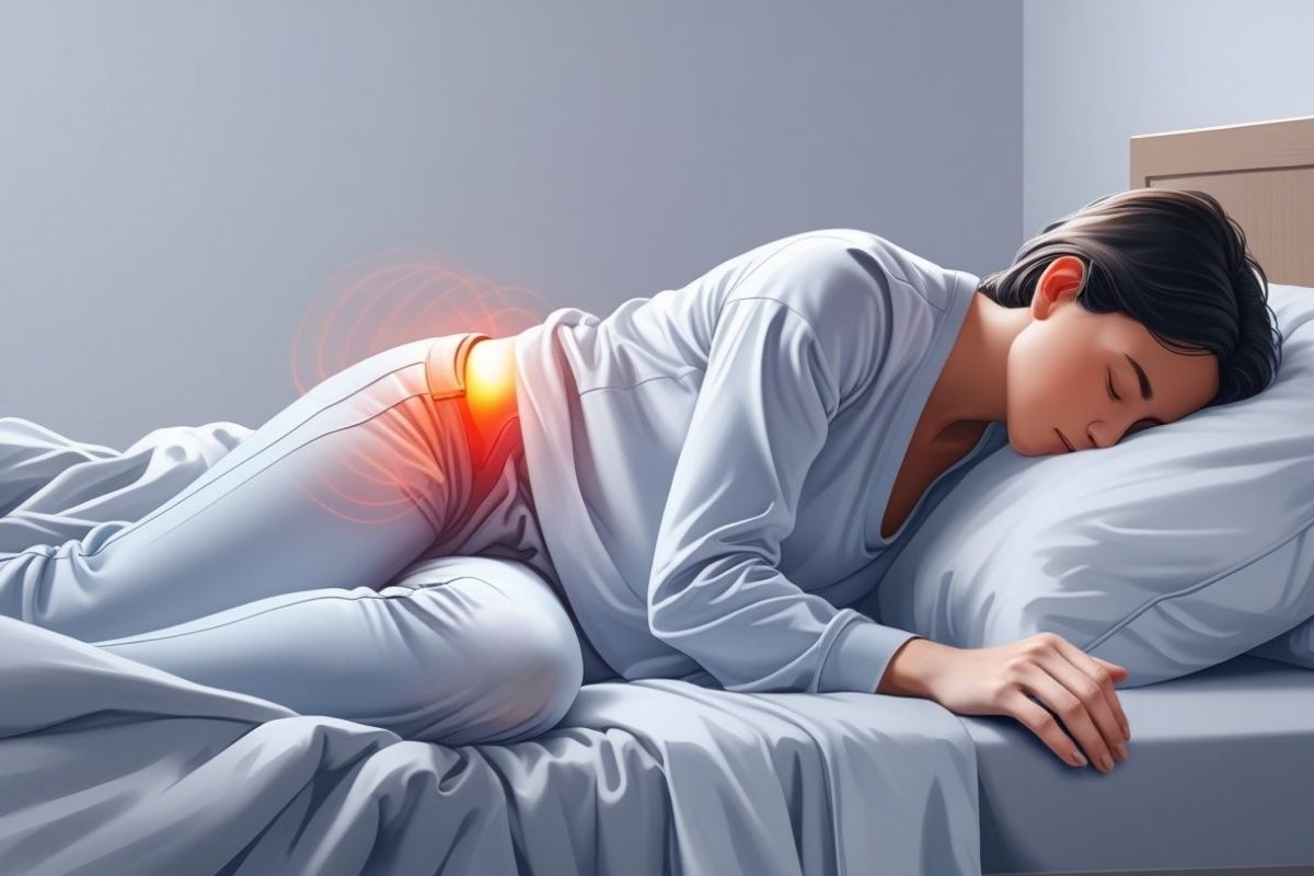 Side sleeper experiencing hip pain in bed, illustrating how sleeping position can contribute to nighttime hip discomfort