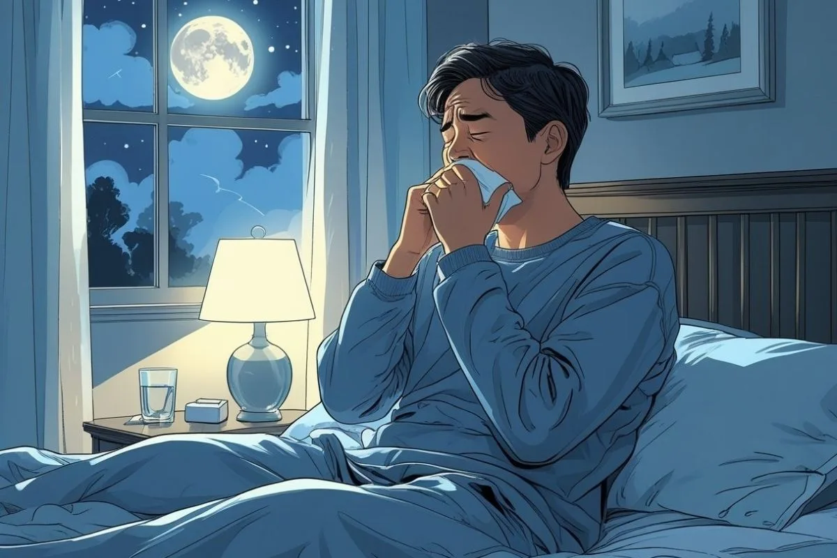 How to Sleep with a Cough: Effective Nighttime Remedies Individual sitting up in bed coughing into a tissue at night, showing how persistent coughing can disrupt sleep and worsen nighttime symptoms