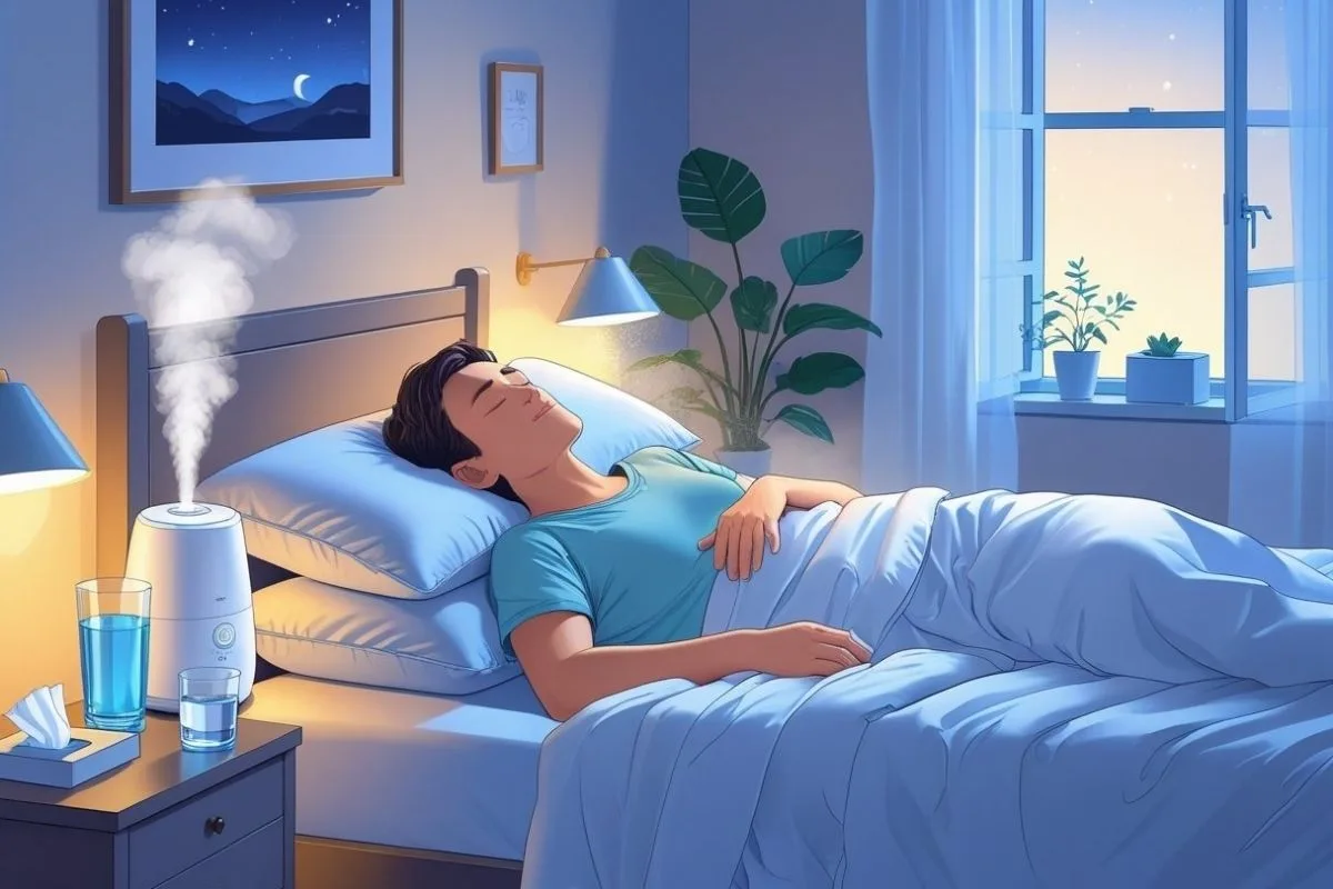 How to Sleep with a Cough: Effective Nighttime Remedies Bedroom setup with a humidifier, water, and elevated pillows, highlighting common nighttime remedies that may help soothe a cough while sleeping