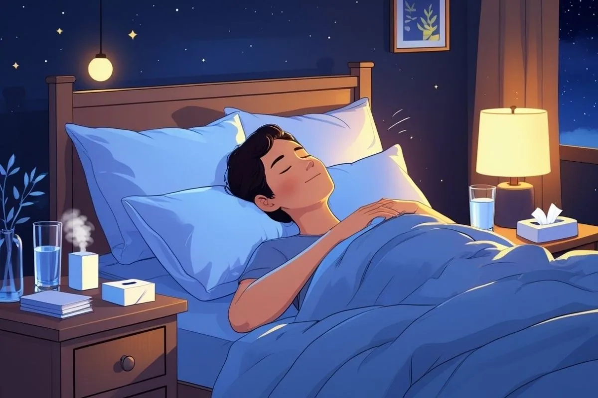 How to Sleep with a Cough: Effective Nighttime Remedies Sleeper resting soundly with water and tissues nearby, illustrating practical bedside preparations for managing nighttime cough symptoms