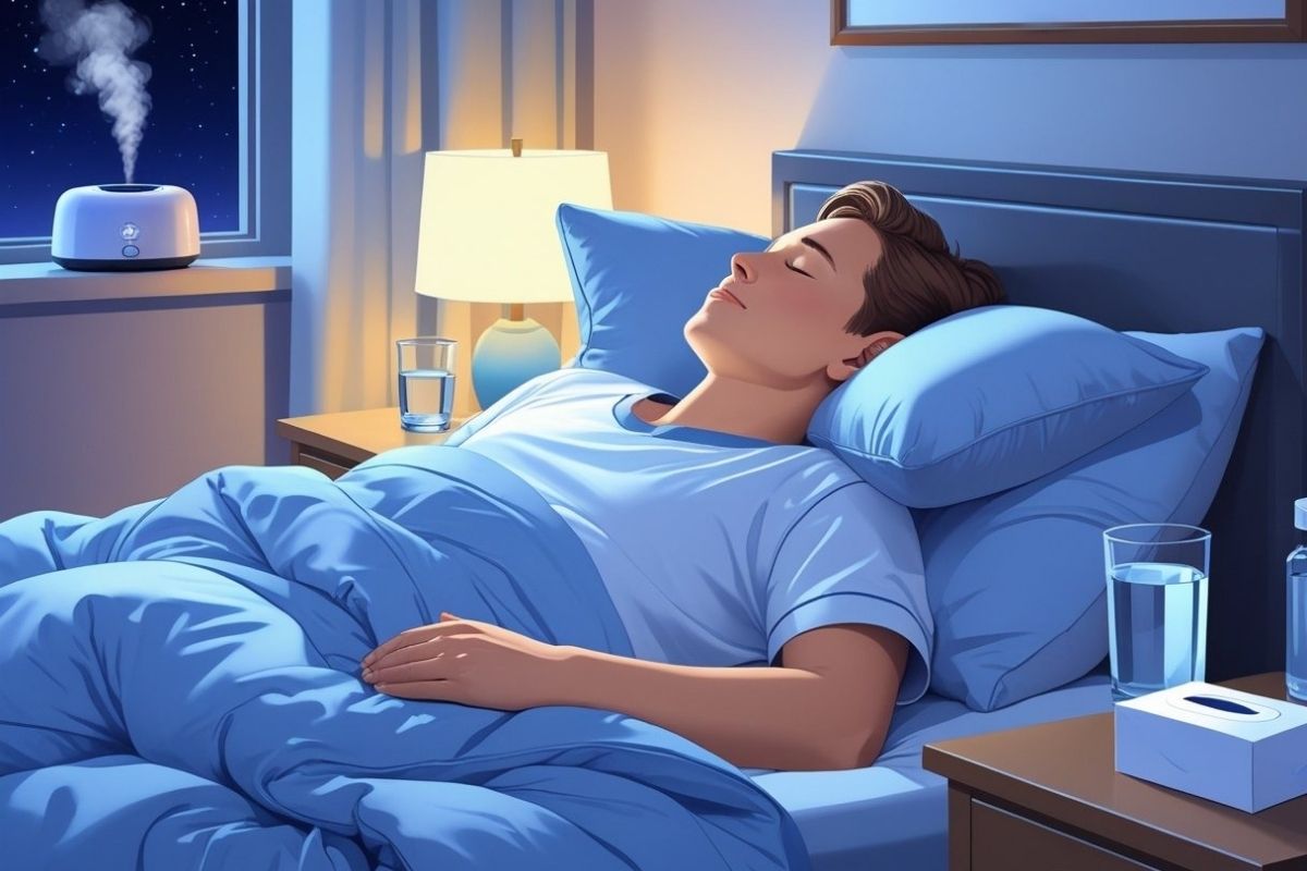 Person sleeping comfortably with a humidifier running beside the bed, illustrating how added moisture can help ease nighttime coughing and improve sleep quality