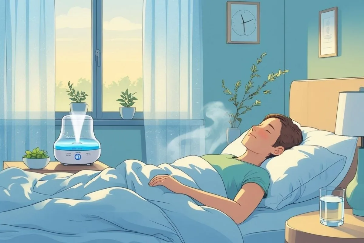 How to Sleep with a Stuffy Nose: 10 Treatment Tips for Better Rest Sleeper resting beside a bedside humidifier, showing how adding moisture to the air may help ease nasal congestion and improve sleep comfort