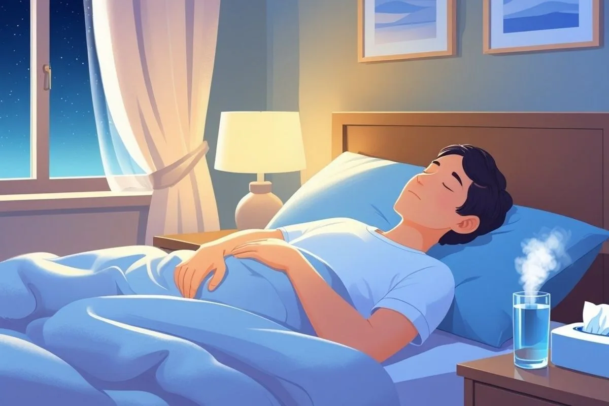 How to Sleep with a Stuffy Nose: 10 Treatment Tips for Better Rest Person sleeping with a glass of water nearby, emphasizing hydration as a simple way to help thin mucus and relieve stuffy nose symptoms at night