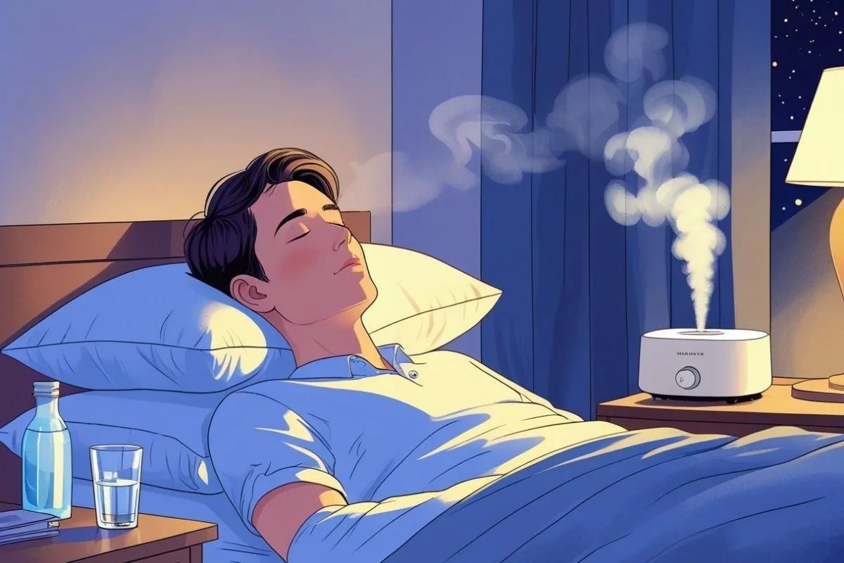 How to Sleep with a Stuffy Nose: 10 Treatment Tips for Better Rest Bedroom setup with a humidifier running beside the bed, illustrating a common treatment tip for reducing dry air and nighttime nasal blockage
