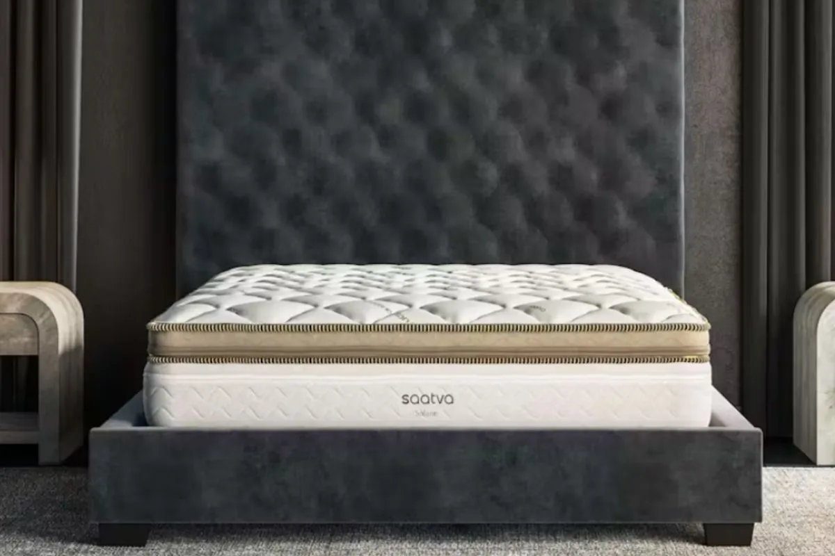 How to Sleep with a Stuffy Nose: 10 Treatment Tips for Better Rest Saatva mattress displayed in a bedroom, highlighting the role of a supportive sleep environment in promoting better rest while recovering from nasal congestion
