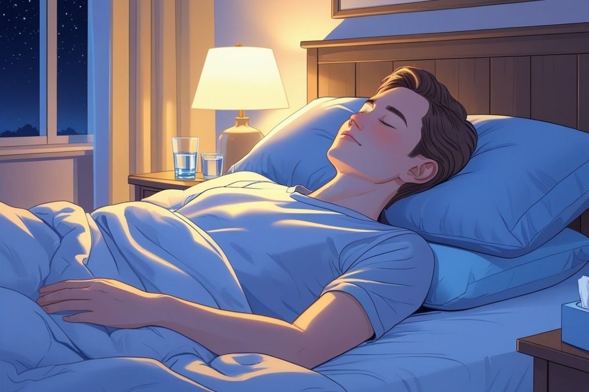 Person sleeping comfortably with head slightly elevated, demonstrating a common sleeping position that may help reduce nasal congestion and improve breathing with a stuffy nose